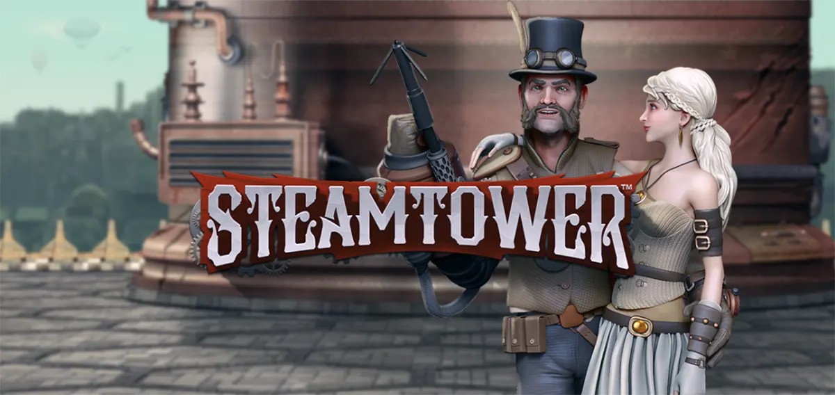Steam Tower promotional image featuring the “STEAMTOWER” logo in front of a steampunk couple, with a top-hatted man holding a weapon and a white-haired woman in corset-style attire against an industrial city backdrop.