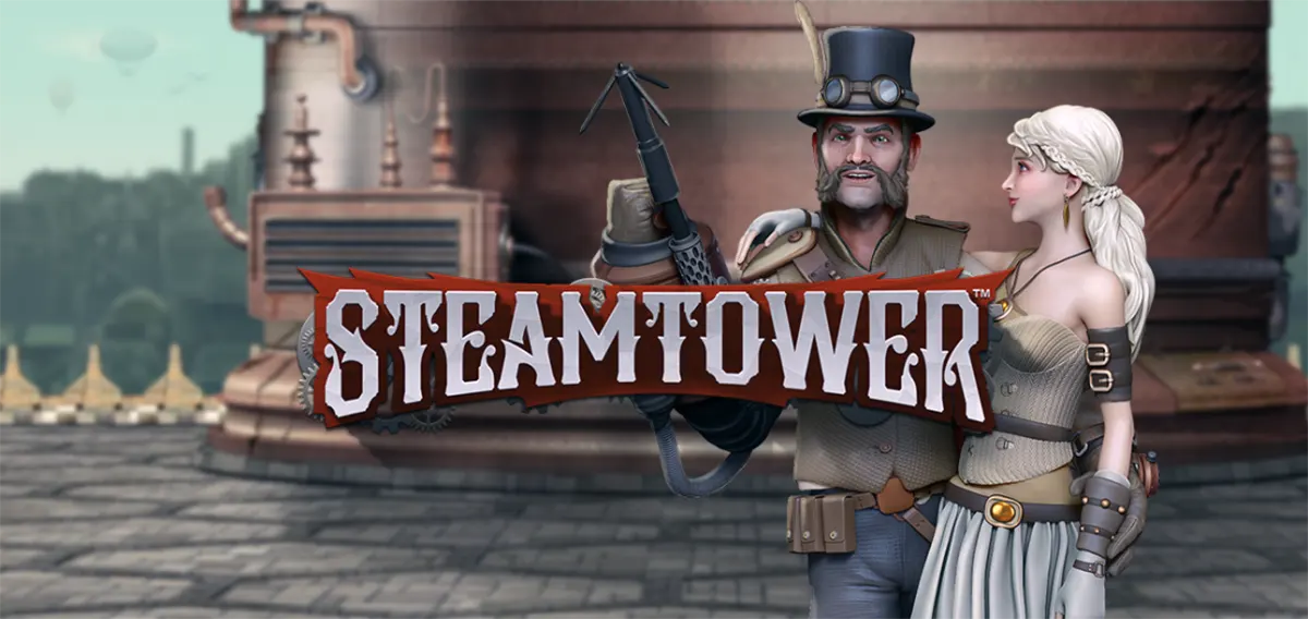 Steam Tower promotional image featuring the “STEAMTOWER” logo in front of a steampunk couple, with a top-hatted man holding a weapon and a white-haired woman in corset-style attire against an industrial city backdrop.