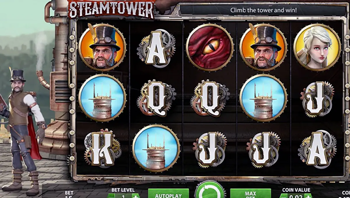 Screenshot of the Steam Tower slot game showing a steampunk reel grid with character portraits, a red monster eye symbol, tower icons, and gear-framed A, K, Q and J letters, with the Steam Tower logo and spin controls at the bottom.